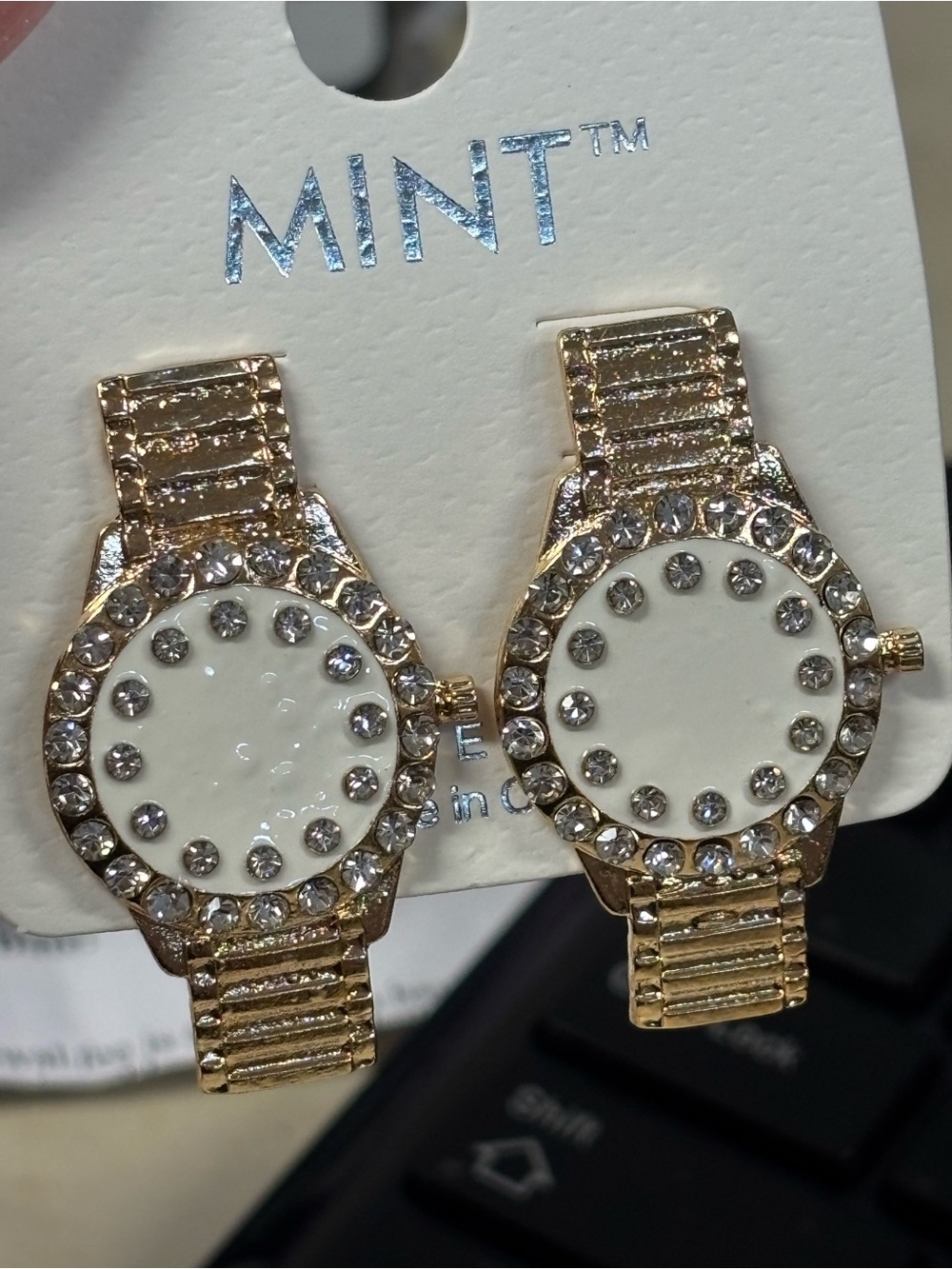 MINT Gold-Tone Crystal Watch Face Earrings with White Dial